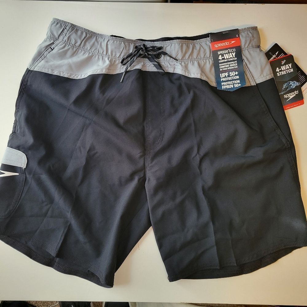 $50 NEW SPEEDO MARINA GRAY BLACK STRETCH FLEX VOLLEY SHORTS w/ liner L large NWT - Picture 1 of 15